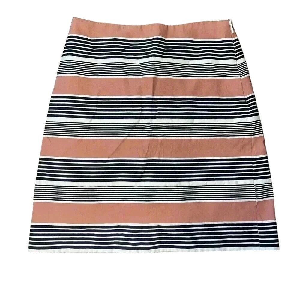 Striped Mini Skirt Tan Black White Cotton Blend Career Casual
